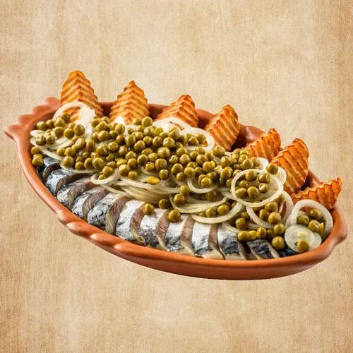 Cartofi copți cu scrumbie, ceapă și mazăre verde